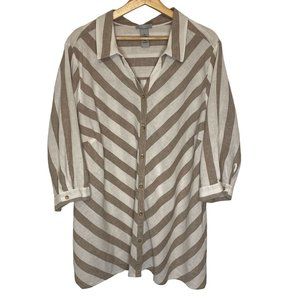Catherines Linen Blend Chevron Stripe Tunic Top Shirt Women 2X Cream Brown